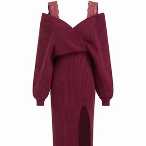 KNIT OFF-SHOULDER WRAP LACE SPLIT MIDI DRESS